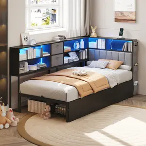 CollaredEagle Twin XL Corner Bed Frame with Storage Bookcase Kids Platform Bed Unit Charging Station LED Light Underneath Drawers Bedroom Furniture Space Saving Twin Size Bed Frame with Storage and Charging Station