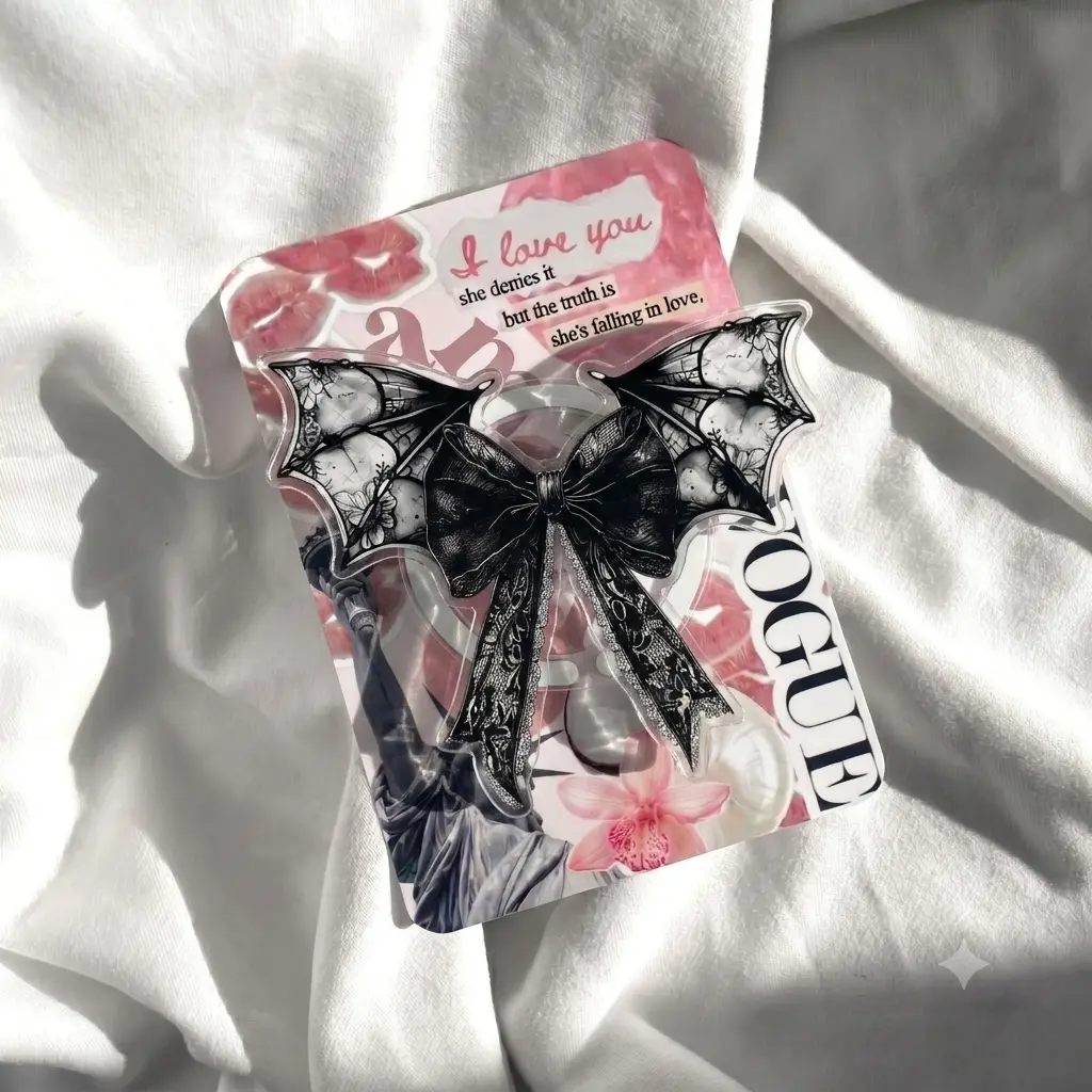 Gothic Bat Wings Phone Grip, Pastel Goth Black Ribbon Bow Phone Stand, Cute Acrylic Lace Griptok, Vintage Retro Magazine Collage Phone Holder Loop