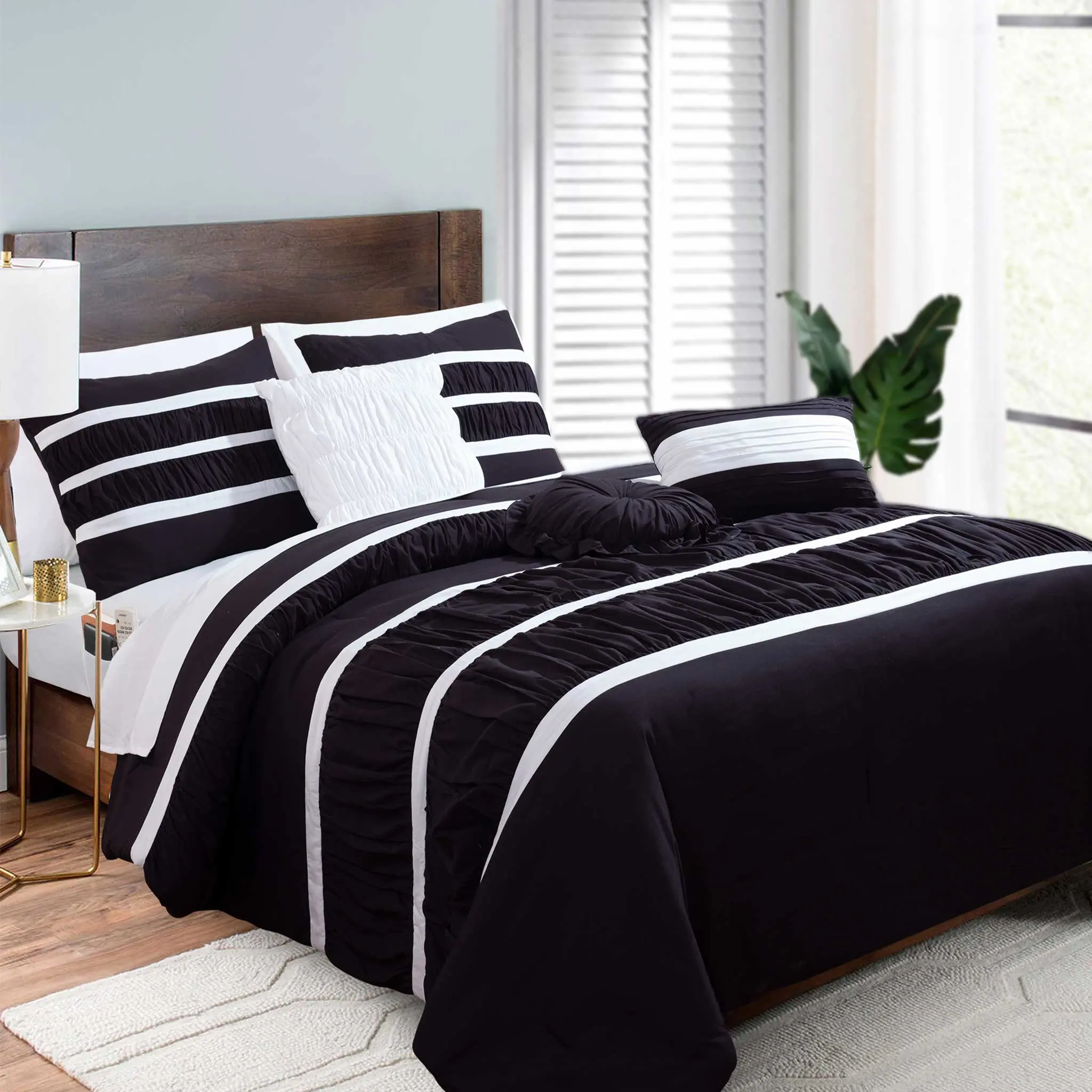 Mocassi 12-Piece Isabella Pleated Ruched Ruffled Comforter Set with 6-Piece Sheet Set, Double-Sided Storage Pockets, Hotel Premier Feel, Hotel Style Bedding, Household Bedding Set