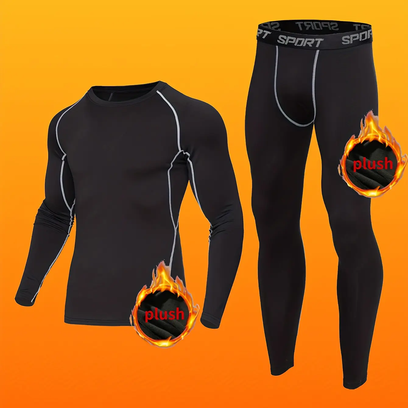 Men's Thermal Underwear Tracksuit - Fleece-Lined, Elastic Activewear Menswear, Sport Athletic Compression Base Layer with Long Sleeve Crew Neck Top and Tights