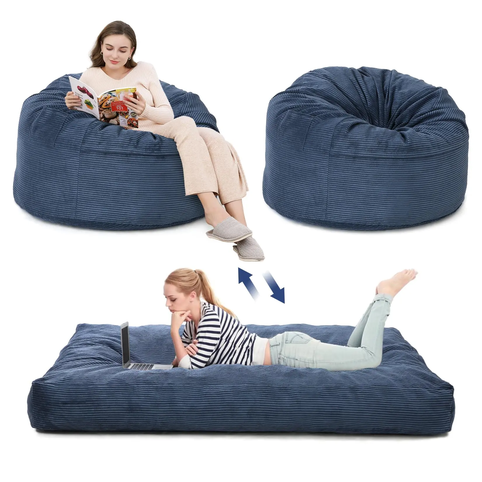 Bean Bag Chair Bed, Corduroy Giant Bean Bag Bed for Adults, Convertible Beanbag Chair Bed from Chair to Mattress, Large Floor Sofa Couch Bed with Washable Cover