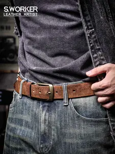 Vintage Genuine Leather Men's Belt With Solid Brass Buckle, Casual Pin Buckle Belt With Gift Box, Thickened Italian Cowhide