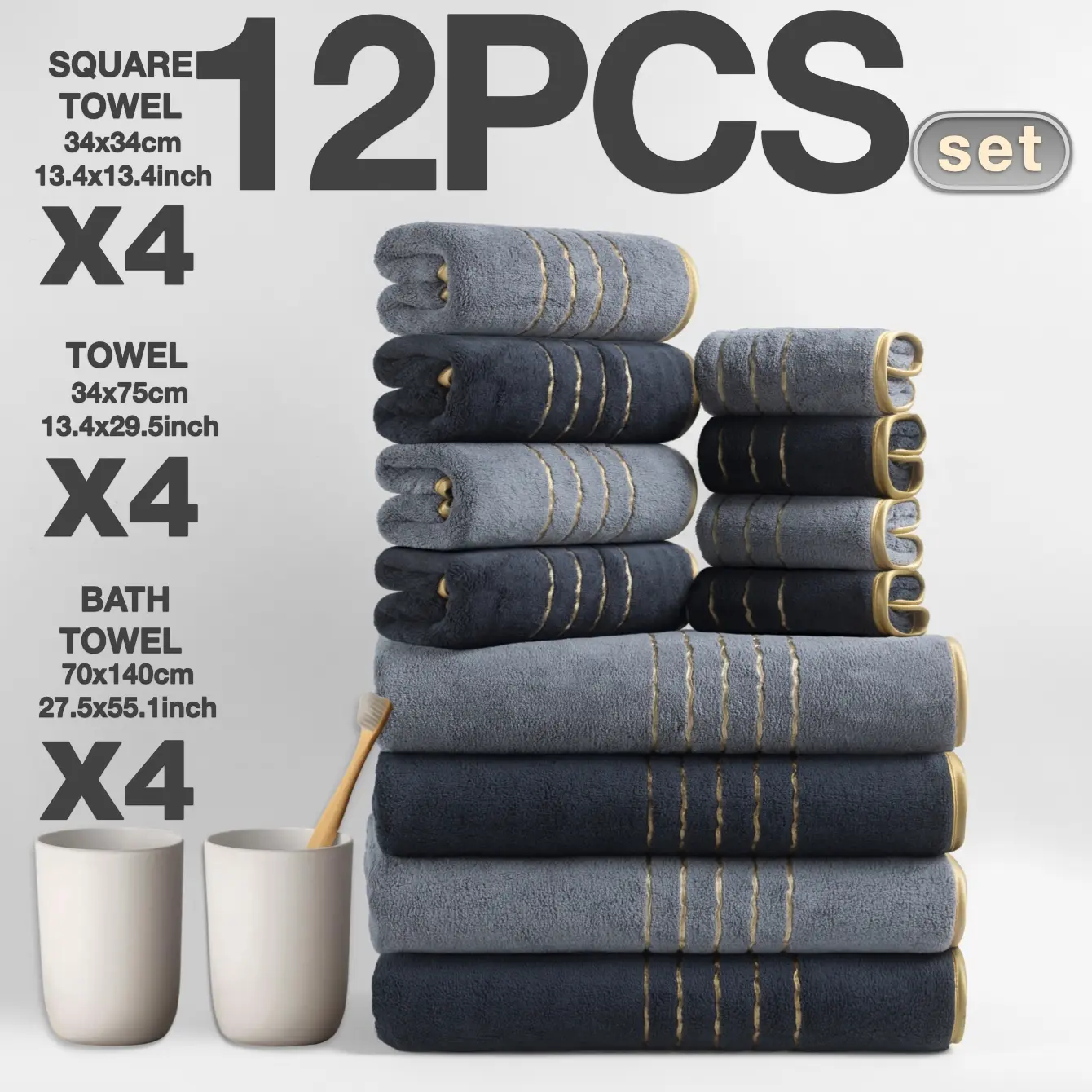 Luxury Border Bath Towel Set, Premium Towel Set, Ultra Soft Absorbent Thickened Towels Bathroom Accessories, Modern Design Ideal for Home & Travel Use