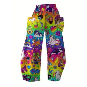 Unicorn Pants — Loose-Fit Women’s Wide-Leg Pants with Cartoon Unicorn & Star Print | Relaxed Style, All-Season Casual Wear, Vibrant Blue Background with Colorful Accents, Casual Attire | Playful Print | Comfortable Fit No. 262