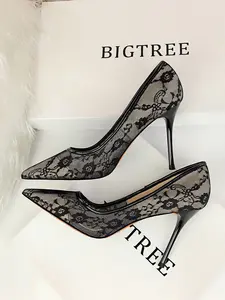 Women's Mesh Hollow Contrast Lace Pointed Toe Classy Stiletto Heels, Elegant High Heel Shoes for Party, Daily Clothing Decor for Girl, Perfect for Outfit Matching