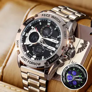 FEICE men's luxury business fashion watch, with a luminous elegant dial, waterproof sports watch - Black and silver gift set Chronograph Leather Style Fashionable Wristwatch