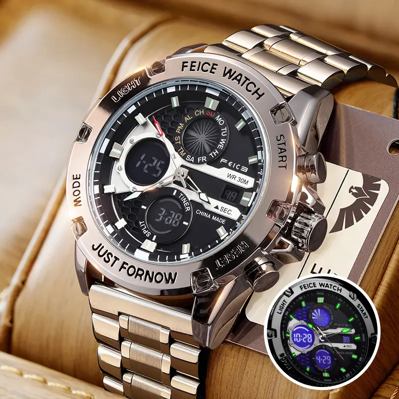 FEICE Men's Fashion Business Casual Quartz Watch, Multifunctional Stainless Steel & Leather Chronograph with Luminous Dial and Pedometer, 47mm, Stainless Steel Watches
