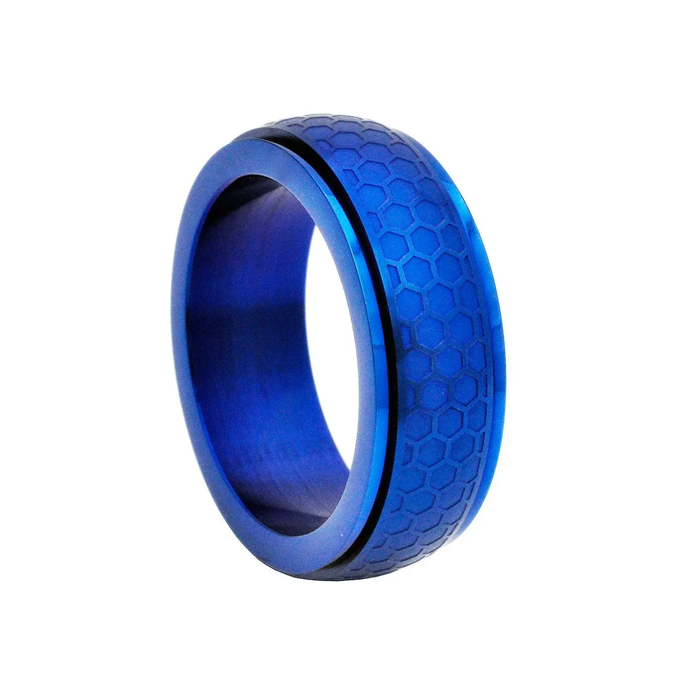 Mens Blue Honey Comb Textured Stainless Steel Spinner Band