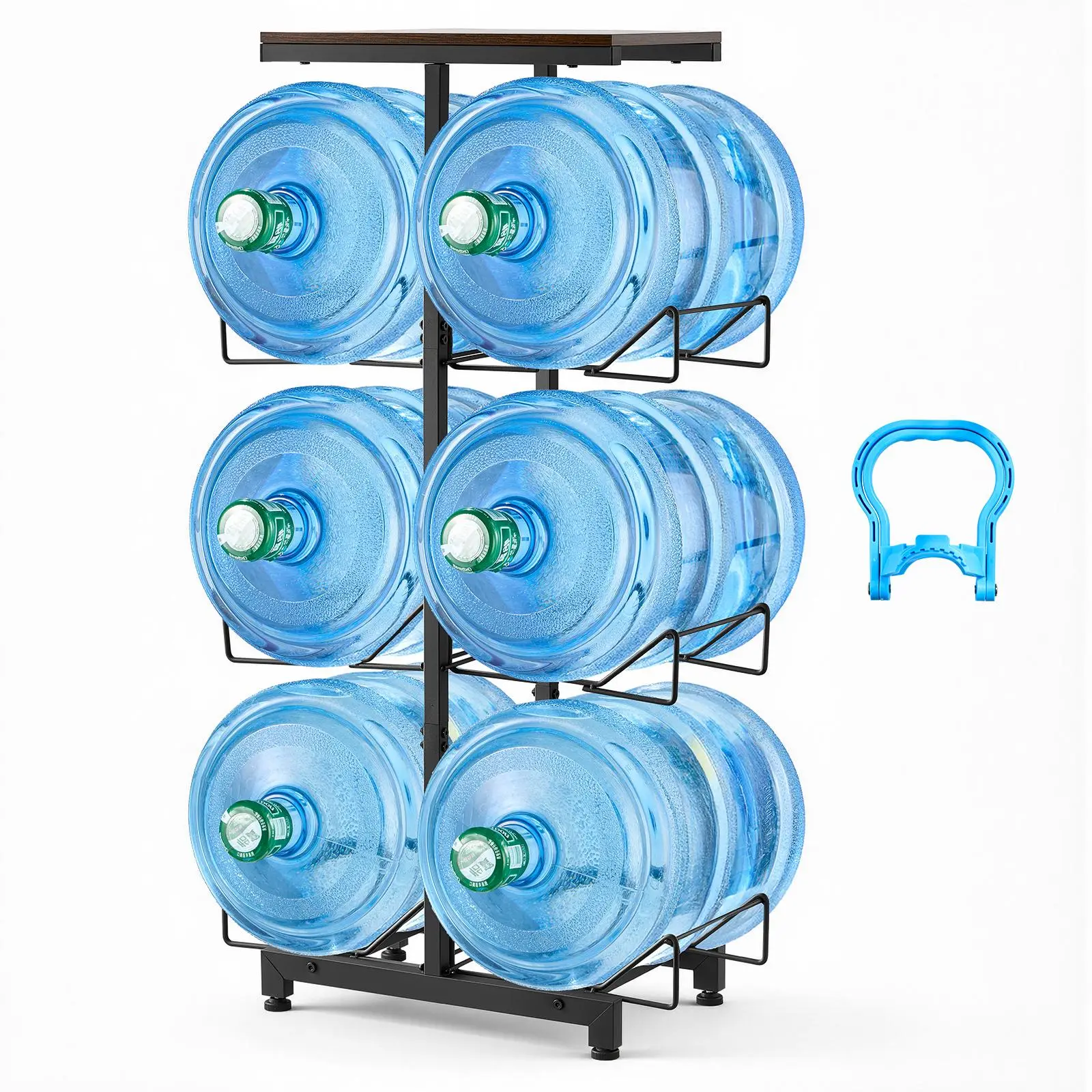 toolupgrade VEVOR Metal Adjustable Storage Rack, 4-Tier Double-Row Carbon Steel Water Jug Holder with Laser-Cut Drilling, Holds 6 x 3/5 Gal Bottles, Heavy-Duty Folding Organizer with Handles for Home Kitchen, Garage, Gyms, Black & Brown