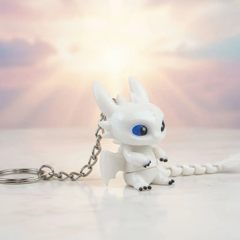 3D Printed Resin Articulated White Dragon Keychain - Cute Collector's Edition Charm with Bendable Tail, Sapphire-Blue Eyes for Backpacks, Zipper Pulls, Sturdy, Lightweight