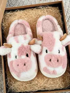 Adorable Cow Fashionable Thickened Sole Warmth, Anti-slip and Deodorant Outdoor Home Autumn Winter Spring Slippers for Men and Women Couples