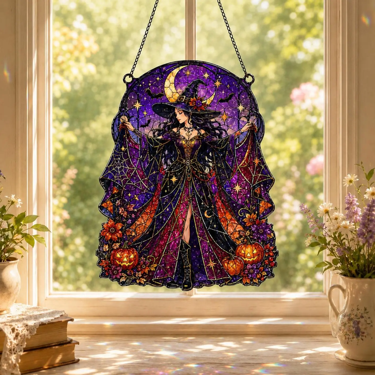 Celestial Witch Acrylic Suncatcher, Mystical Moon Goddess Window Hanging, Purple Boho Witch Decor, Fantasy Sun Catcher Gift