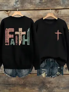 Women's Faith Cross Graphic Letter Print Drop Shoulder Loose Casual Sweatshirt, Comfortable Long Sleeve Round Neck Pullover for Fall & Winter Fashion