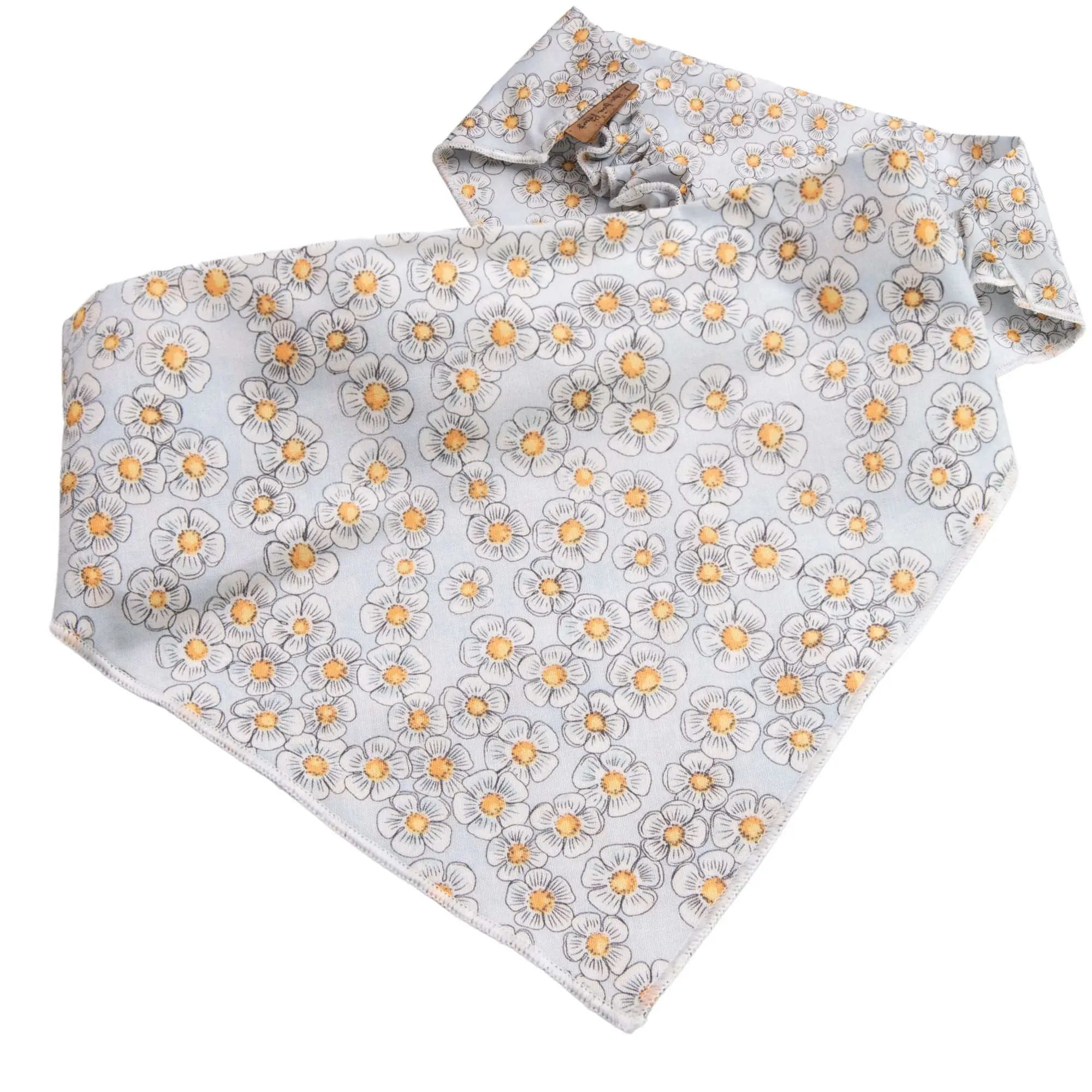 Gray Daisy Scrunchie Dog Bandana – Embroidered Name – Handmade Cotton Floral Pet Scarf