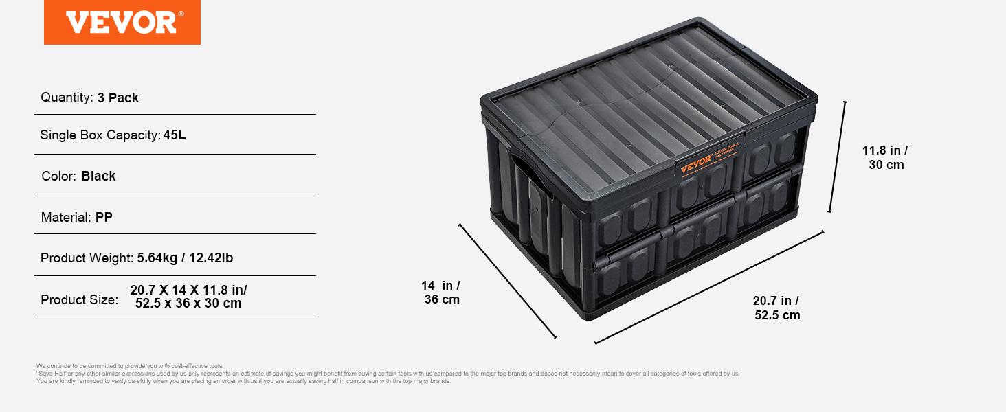 VEVOR Plastic Collapsible Storage Basket, TikTokShopBlackFriday, 45L 3 Packs, Folding Stackable Storage Containers/Bins with Handles, Large Heavy Duty Containers for Clothes, Toys, Books, Snack, Shoes and Grocery Organizing Box Organiser