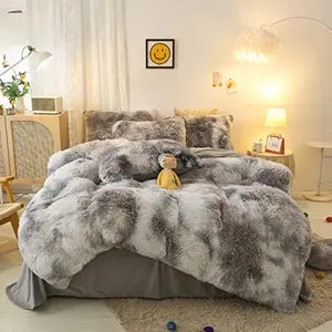 Shaggy Plush Duvet Cover Set Super Soft Fluffy Faux  Comforter Cover Set Luxury Fuzzy Bedding Set 3 count(1Duvet Cover+2Pillowcases) with Zipper Closure( Size,Gray White Ombre)