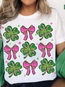 Retro Coquette St. Lucky Patrick's Day Shamrock Heart T-shirt, Lucky Four Leaf Clover Design T-shirt Gift, Crew Neck Cotton Short Shirt Gift for Her