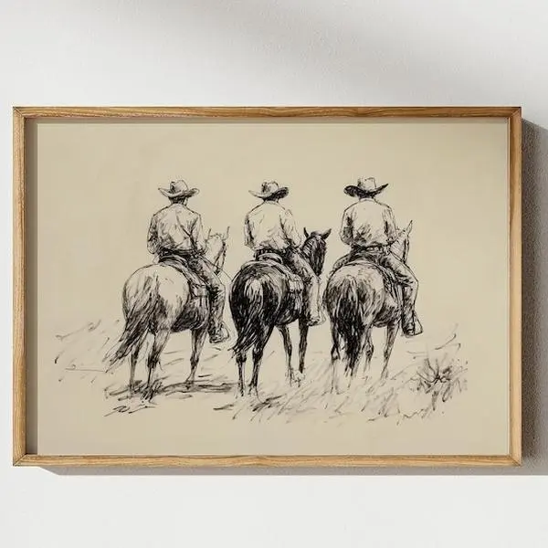 Cowboys and Horses Sketch Print, Vintage Horse Drawing, Country Farmhouse Wall Decor, Printable Western Decor