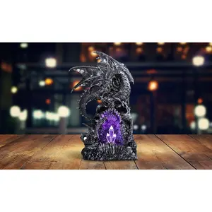 11"H Medieval Silver Dragon Guarding Purple LED Night Light Faux Crystal Cave Statue Fantasy Decoration Figurine