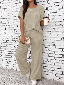 Women's Casual Basic Ribbed Material Two-Piece Set, Short Sleeve Fitted Top and Long Regular Pants, All Seasons Fashion Outfit