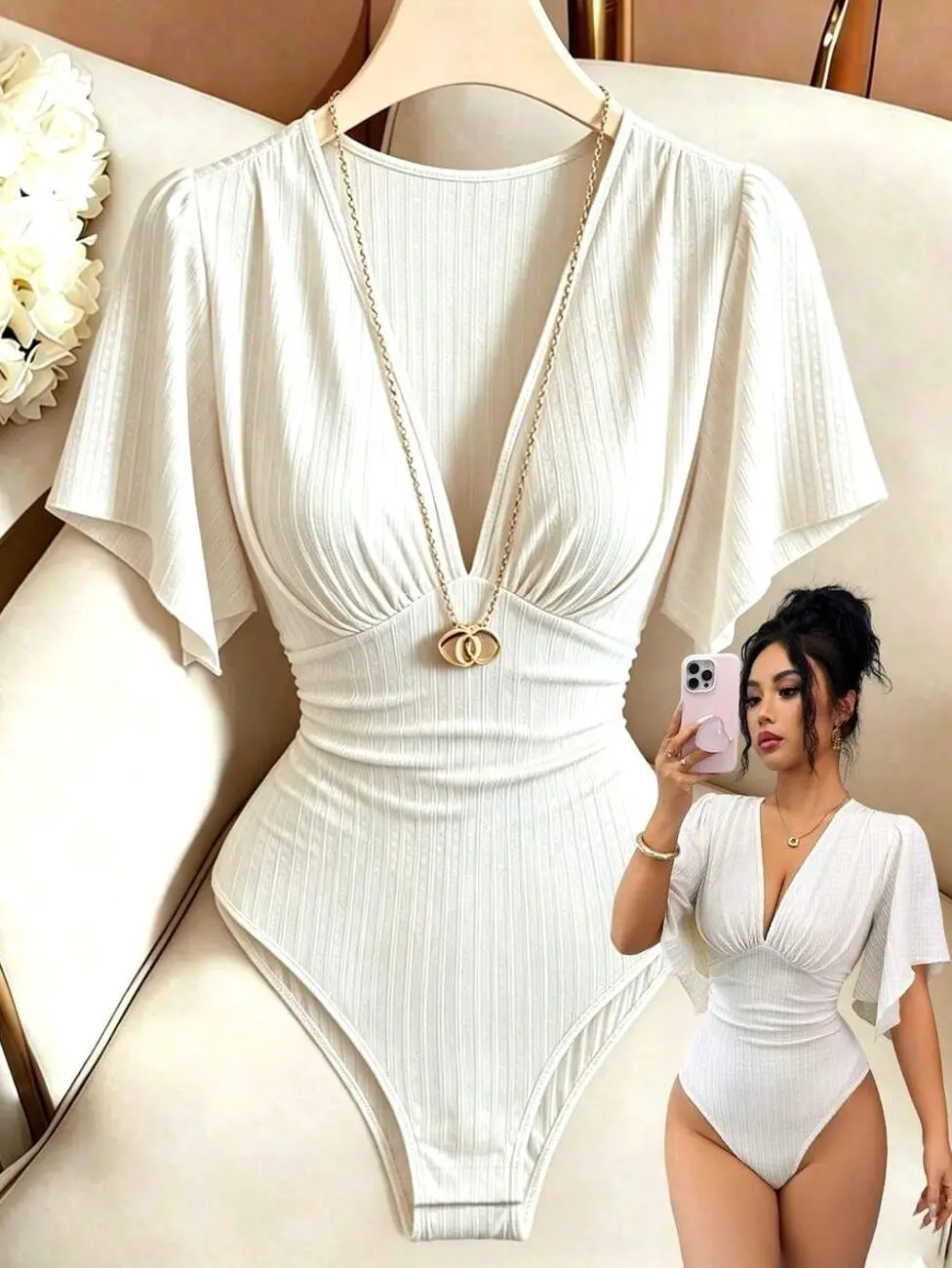 Elenzga New Women's V-Neck Knit Textured Ruched Bust Ruffle Sleeve Cinched Cinched Waist Tall-Looking Elegant Bodysuit