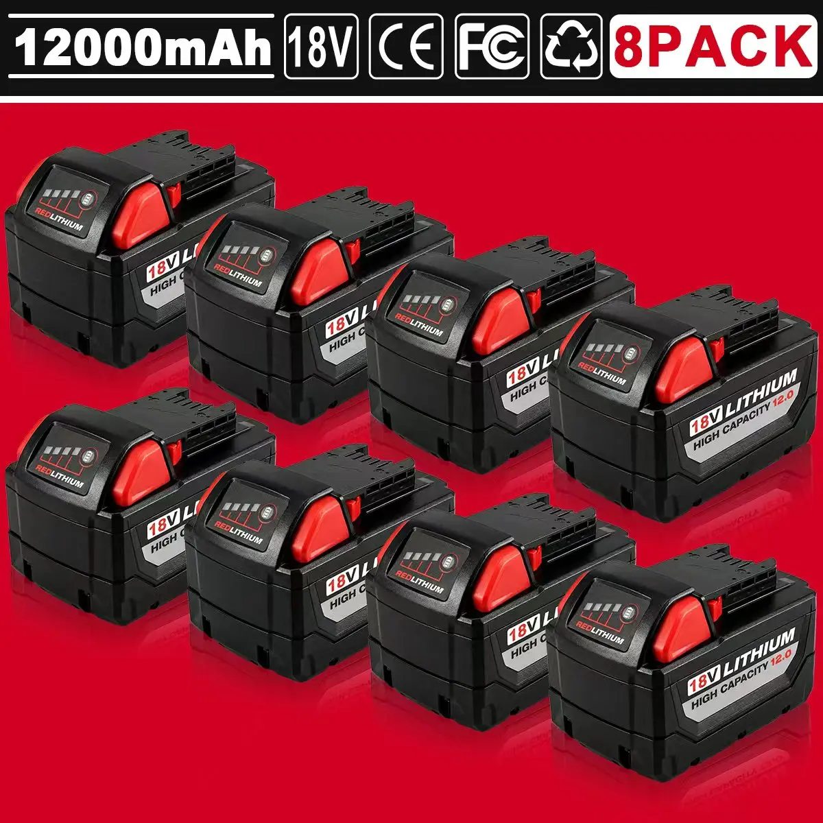 8-Packs 18V 12.0Ah Replacement for Milwaukee M-18 Battery Compatible with 48-11-1865,48-11-1850 and Cordless Tools Lithium-ion Capacity High