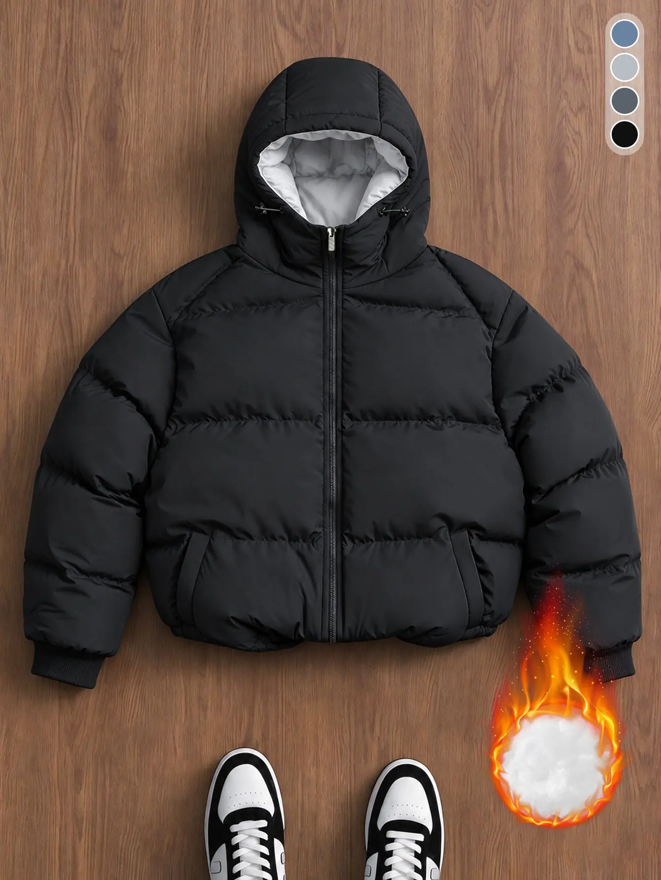 Men Solid Hooded Puffer Jacket Winter Thick Warm Zip Up Short Coat Adjustable Drawstring Hood Casual Insulated Outerwear