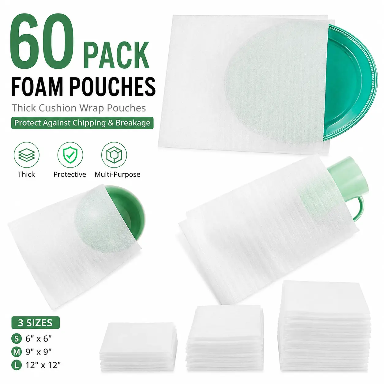 60 Pack Foam Pouches, 3 Sizes Thick Cushion Wrap Pouches Foam Wrap Sheets Packing Pouches Against Chipping & Breakage for Packing, Moving, Shipping, Packaging