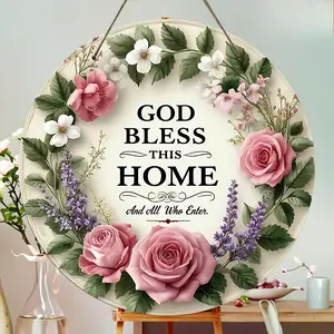 【summervibes】God Bless This Home Floral Round Door Sign, Christian Welcome Wreath Decor with Pink Rose Lavender, Farmhouse Religious Wall Art Plaque for Home Entryway Living Room