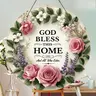 【Summer Sale Deals】God Bless This Home Floral Round Door Sign, Christian Welcome Wreath Decor with Pink Rose Lavender, Farmhouse Religious Wall Art Plaque for Home Entryway Living Room
