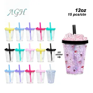 AGH 15pcs 12oz Leak-Proof Kids Double Wall Acrylic Tumblers with Color Lids Snow Globe Plastic Cup for DIY Gift Drinkware Bottle