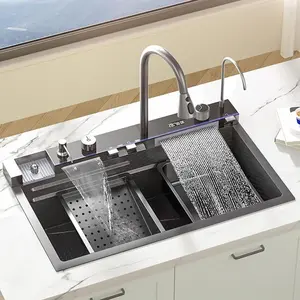 countertop Digital Display Waterfall Kitchen Sink, Drop in Black Single Bowl Stainless Steel Sink with Two Waterfalls & Cup Washer, Topmount Workstation Kitchen Sink with Accessories (29.5 x 17.7in)
