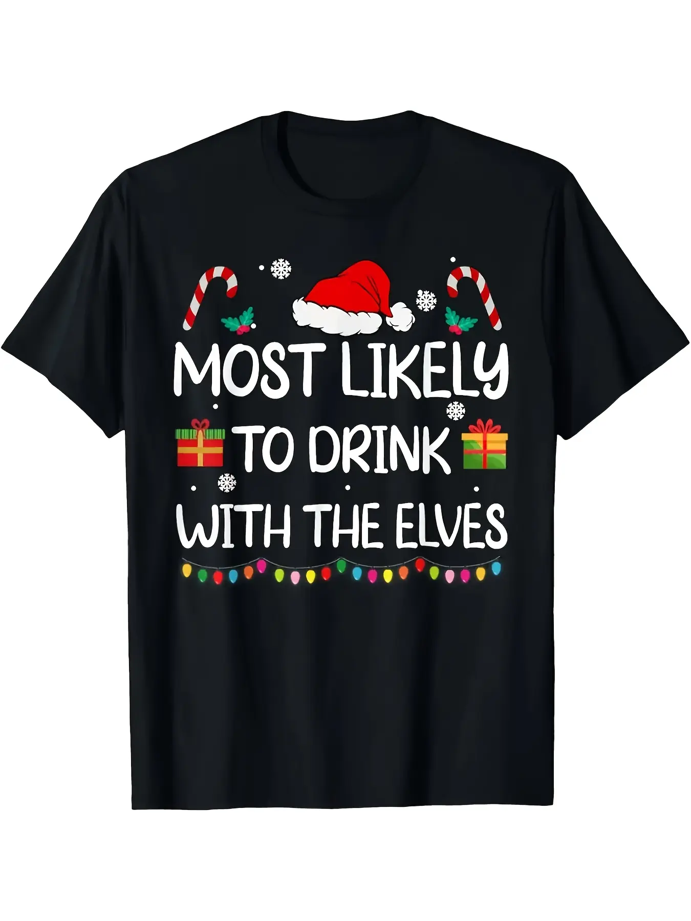1 Fun Christmas T-Shirt-Most Likely to Drink with Elves-Black T-Shirt, Elf Party Design-Unisex Adult Holiday Top for Christmas Parties and Gifts-Machine Washable, Seasonal Gift Ideas, Playful Holiday Print, Comfortable Short Sleeve, Gift