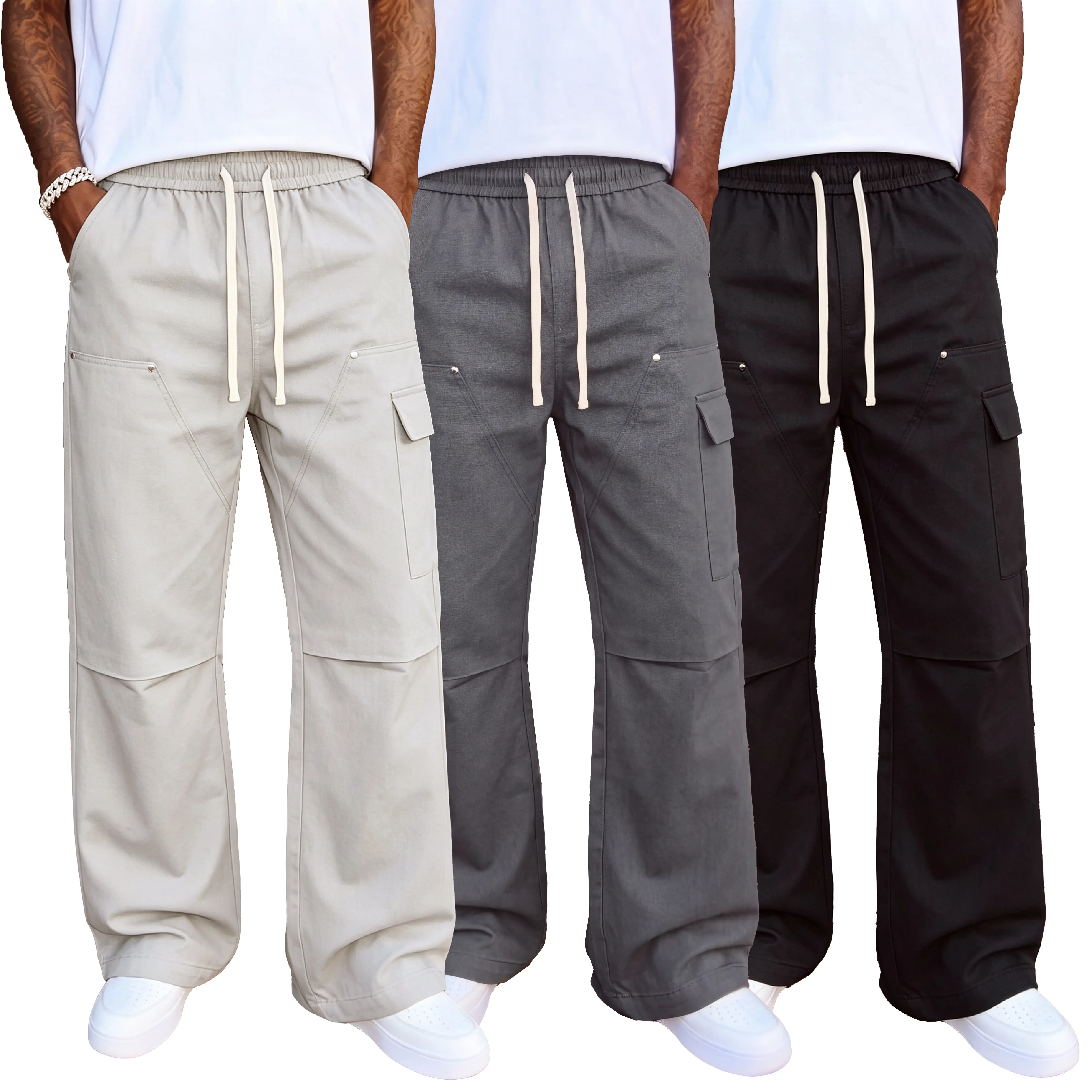 High-street casual unisex cargo wide-leg pants, elastic waistband with drawstring for adjustable fit, side flap cargo pockets, layered topstitching detailing, wrinkle-resistant fabric, relaxed drape and a loose silhouette, trendy long pants suitable for y