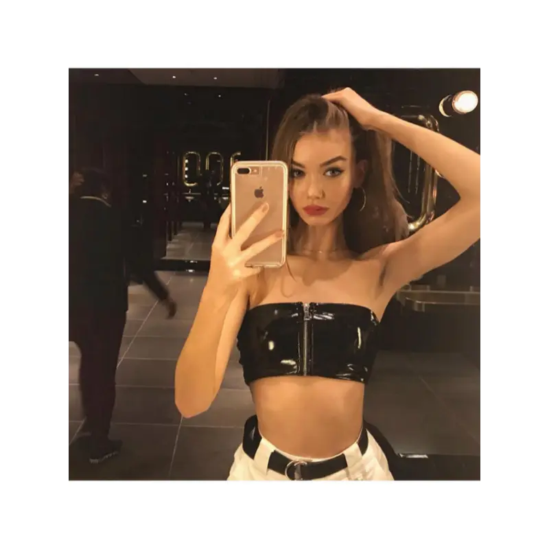 Womens Sexy Zipper Tube Tops Fashion Solid Color PU Leather Exposed Navel Off-the-shoulder Tops