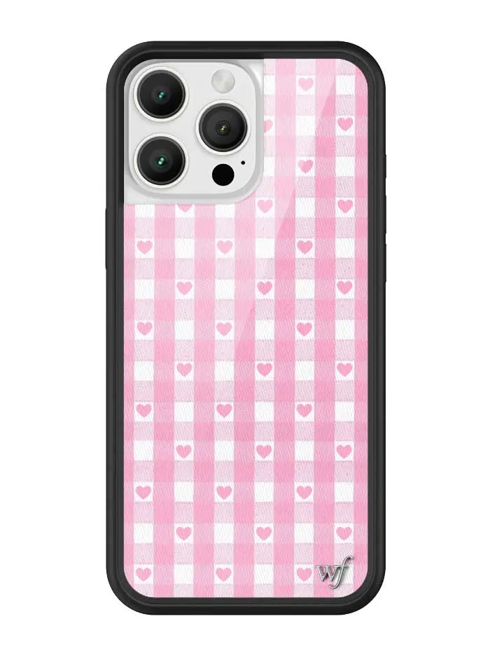 Pink Gingham Hearts | Limited Edition Trendy iPhone Case | Raised Protective Black Bumper | Women Owned Small Business | Pink and White Patchwork Vibrant Pink Hearts Patchwork Plaid | Safety Casing Protective | Gift for Her
