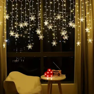 Christmas Snowflake Window Curtain String Lights, 13ft 96 LED Fairy Lights USB powered Snowflake Icicle Lights Indoor Outdoor Decorations for Bedroom Party Patio Room Garden Home Xmas Tree Decorations (Not Including Batteries)