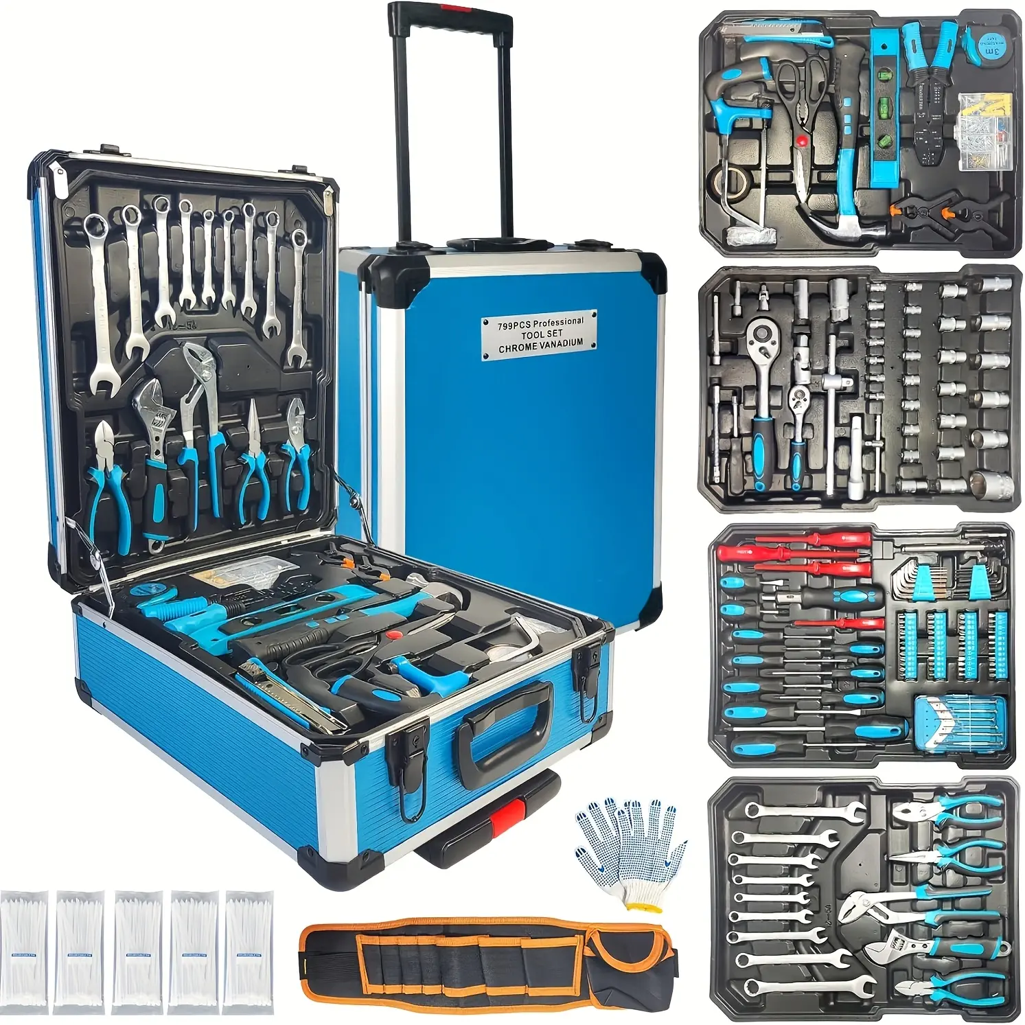 799pcs/46pcs Men's Tool Set with Rolling Box, Complete Household Tool Kit in Aluminum Trolley Case, Ideal Father's Day Gift, Tool Box, Tool Set,valentines day gift