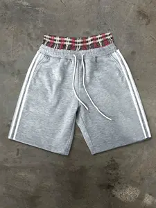 Men's Casual Sport Pants, Shorts with Dual Waistband, Plaid Belt Color Block, Side Bar, Drawstring Adjustable, Comfortable Fabric