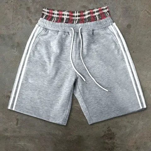 Men's Casual Sport Pants, Casual Athletic Drawstring Sports Shorts with Dual Waistband, Plaid Belt Color Block, Side Bar, Drawstring Adjustable, Comfortable Fabric