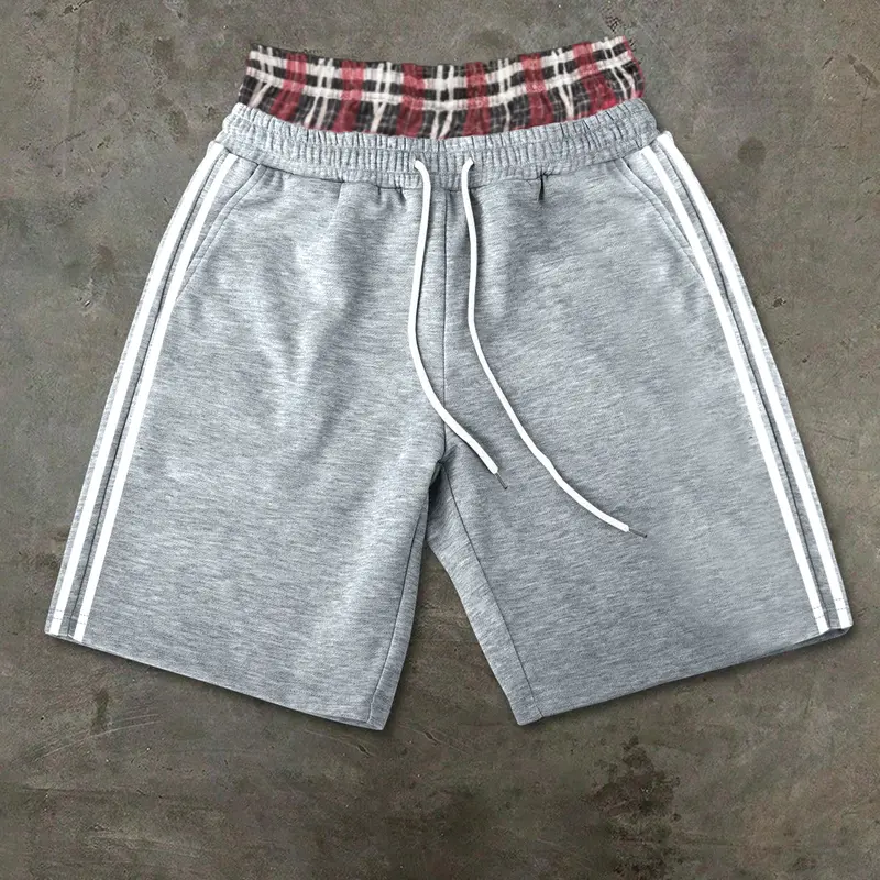 Men's Casual Sport Pants, Casual Athletic Drawstring Sports Shorts with Dual Waistband, Plaid Belt Color Block, Side Bar, Drawstring Adjustable, Comfortable Fabric