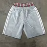 Men's Casual Sport Pants, Casual Athletic Drawstring Sports Shorts with Dual Waistband, Plaid Belt Color Block, Side Bar, Drawstring Adjustable, Comfortable Fabric