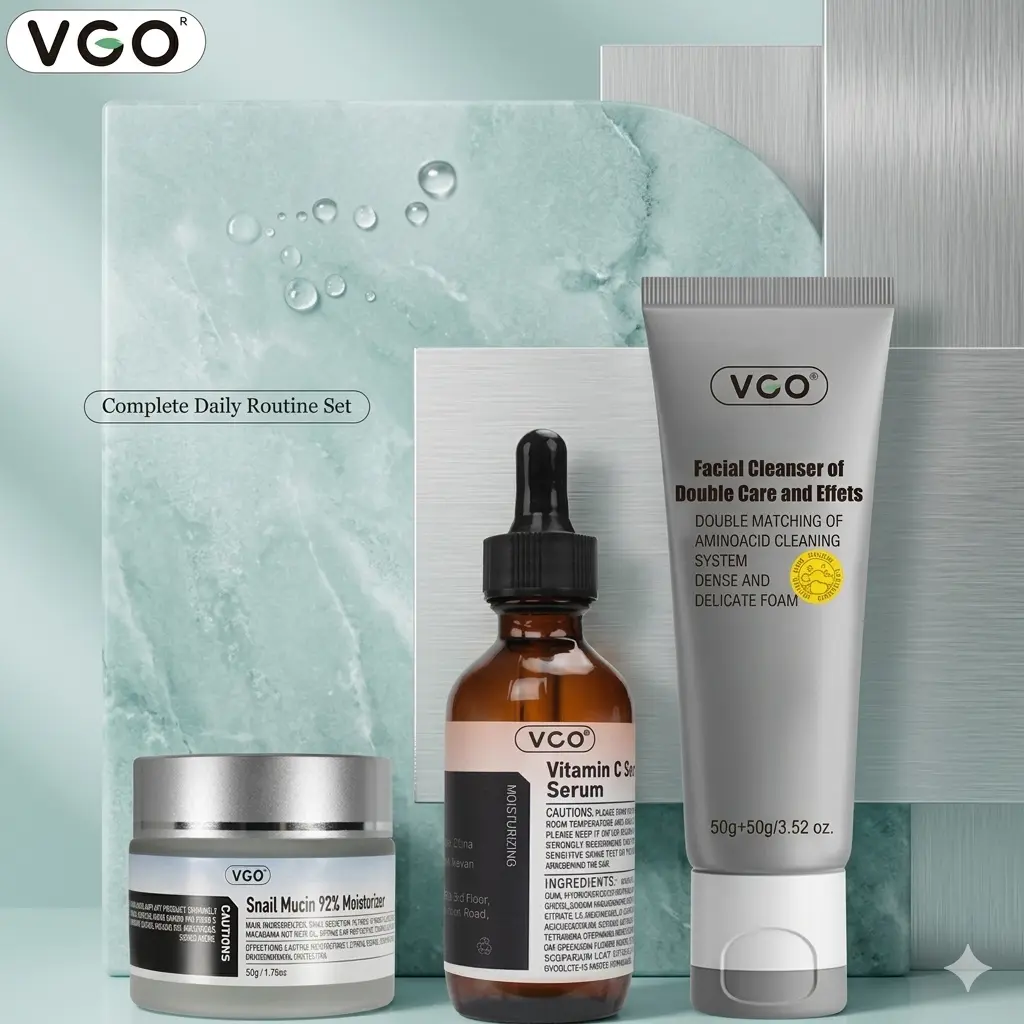 VGO Fresh Start Complete Daily Skincare Routine Kit - Lightweight Clean Facial Cleanser, Hydrating Serum, Snail Mucin Treatment, Vitamin C Moisturizer, Boxed Set with Bottles, 24-Month Shelf Life, for All Skin Types (Hydration, Smooth, Comfortable Daily)