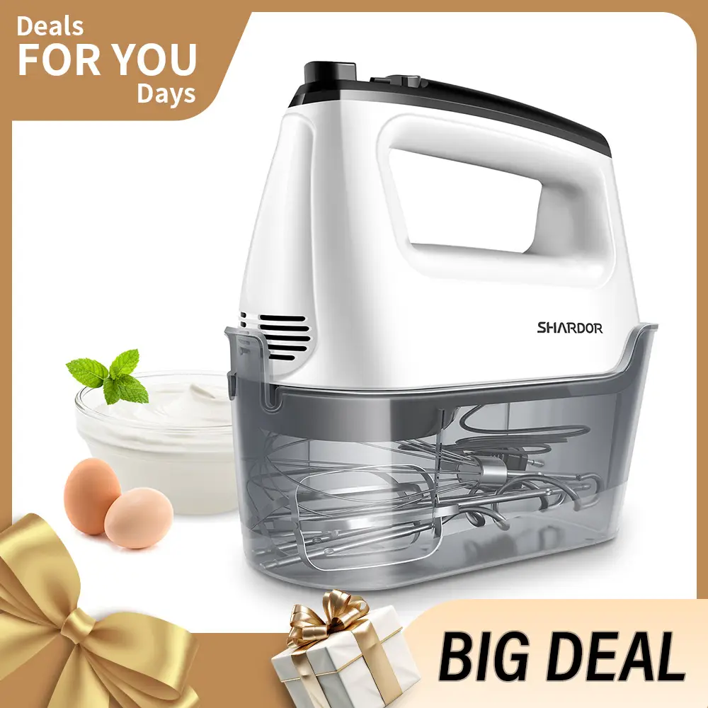 SHARDOR Electric Hand Mixer, 6-Speed and Turbo Handheld Mixer, 5 Stainless Steel Attachments, Electric Whisk for Kitchen Baking, Snap-On Storage Case