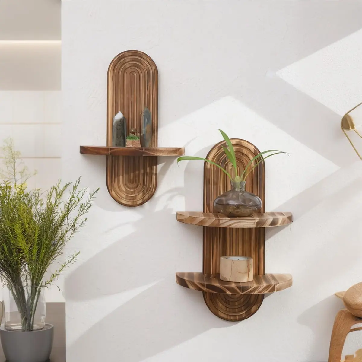 Art Deco Wooden Wall Shelf, 1/2 Tier Decorative Floating Shelves, Modern 3D Groove Design, Burnt Wood Finish, Living Room, Bedroom, Bathroom, Wall Mounted Shelf, Wooden Wall Rack