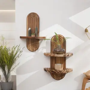 Art Deco Wooden Wall Shelf, 1/2 Tier Decorative Floating Shelves, Modern 3D Groove Design, Burnt Wood Finish, Living Room, Bedroom, Bathroom, Wall Mounted Shelf