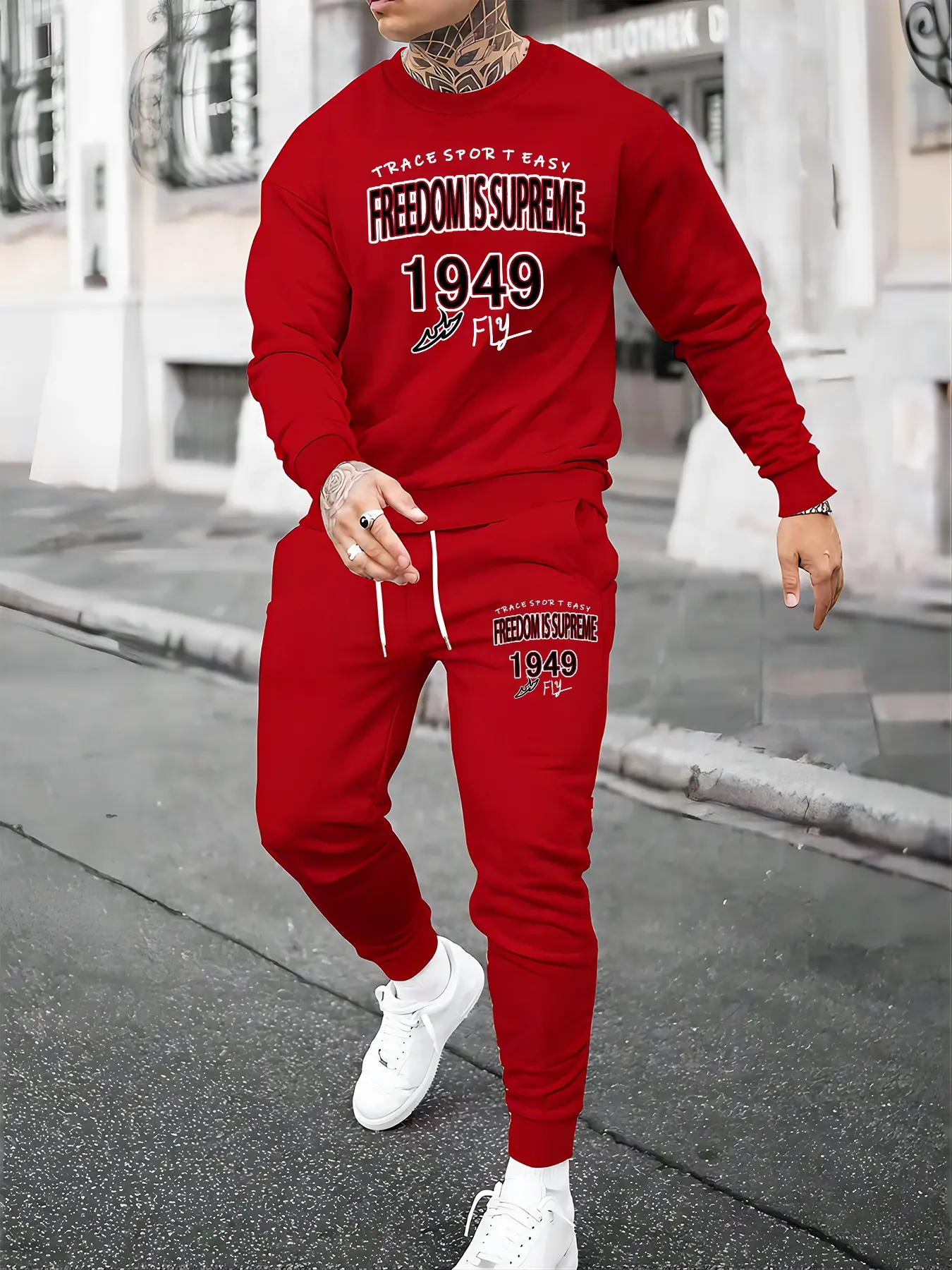 Fashionable and personalized two-piece men's set with long sleeves and pants printed with "contrasting letters+year" for daily casual wear, simple round neck long sleeves for spring and autumn wear, two-piece printed men's fashionable sportswear