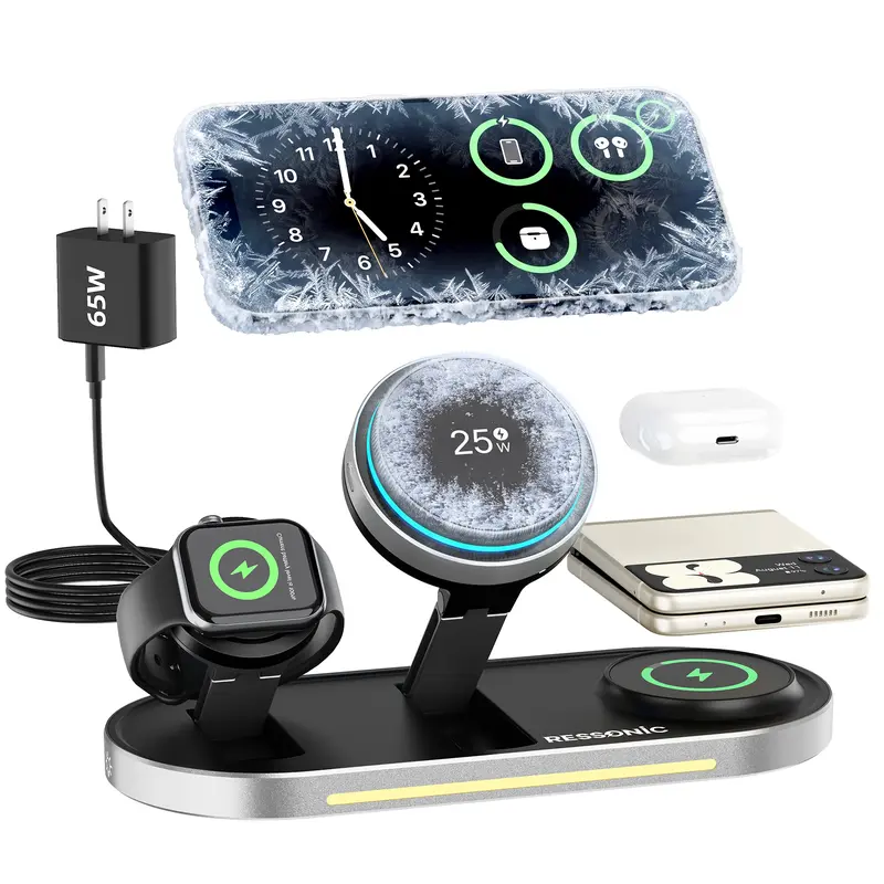 RESSONIC 25W Dual Wireless Cellphone Charger - 5-in-1 Compact Charging Station for Mobile/Smartphone, iPhone 13/Samsung, Watch, Earbuds with 65W Adapter, TEC Active Cooling, Night Light, 3-Way Foldable Stand, Magnetic Snap (Desk, Travel Use)