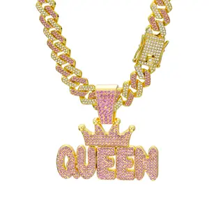 【Holiday Haul】Women's Pink Diamond Crown QUEEN Letter Hanging Diamond Cuban Necklace Long Hip-hop Jewelry Mother's Day Valentine's Gift Elegant Versatile Gift Option for Women Cross Chain Design