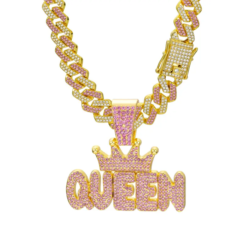 Women's Hip-Hop Crown Necklace, Blush Pink "QUEEN" Letter Pendant with Diamond Accents on a Zinc Alloy Cuban Chain, 51-60cm, Diamond Detail Necklaces, Hip-Hop Inspired Necklaces